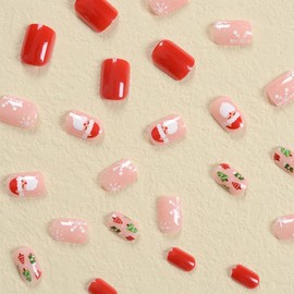 Christmas Press on Nails Short Square Fake Nails Snowflake False Nails Christmas Nails Press ons with Designs Xmas Tree Glossy Full Cover Glue on Nails Acrylic Stick on Nails for Women Manicure 24Pcs