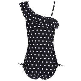 qyqkfly Girls Polka Dot Beach Sport One Shoulder One Piece Bathing Suit Adjustable Swimsuits Black 10