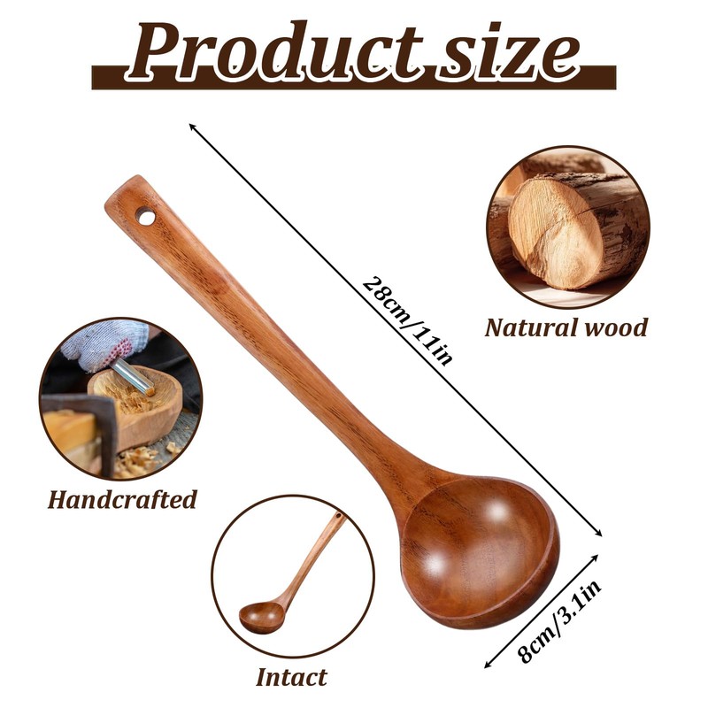 Cobee 11" Wooden Ladle, Long Handle Wood Soup Handcrafted