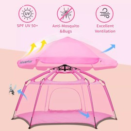 Alvantor Kids Pop Up Play Tent 7'x7'x4' Playpen for Boys Girls, Blue & Pink - Pink