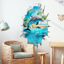 Break Through Wall Effect Ocean Themed Static Electricity Window Decorations Clings Stickers Reusable Dolphin Window Stickers Decor for Home School Office Party Decoration 1 Sheet
