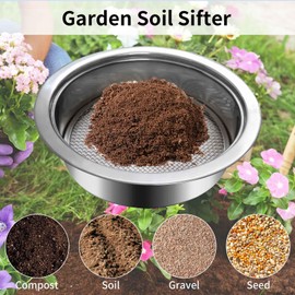Soil Dirt Sifter for Gardening with 3pcs Interchangeable Mesh(3,6,9mm), Stainless Stackable Sifting Pan Soil Sand Rock Sieve for Dirt, Sand, Rock, Filtration, Compost with Soil Scoops