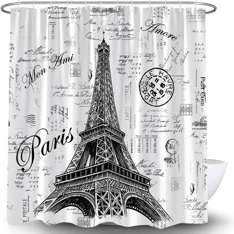 KDYDK Eiffel Tower Shower Curtain Retro Hand-Painted Postmar Seal France