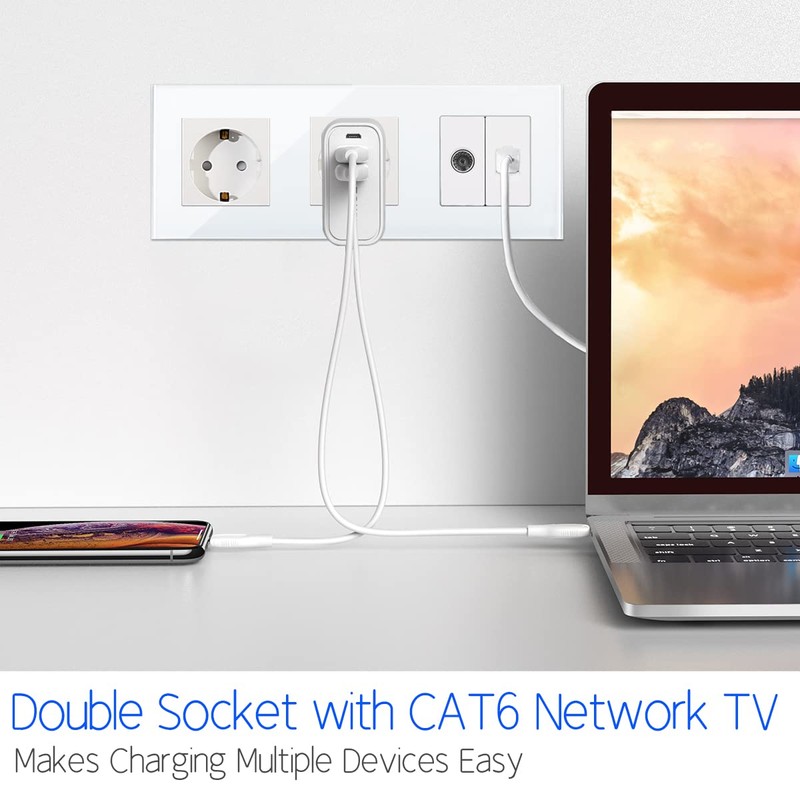 CNBINGO Glass Schuko Socket, Flush-Mounted, with Combination for CAT6 Network