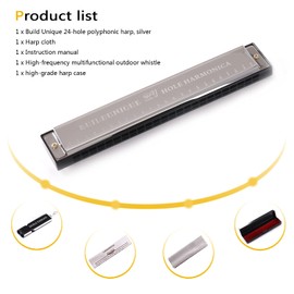 LANGDOVO Harmonica, 24-Hole Key of C, Diatonic Harp, Harp Harmonica Professional Vibrato Mouth Organ with Box and a Whistle, Suitable for Beginners, Adults, Professionals, Folk and Popular(Silver)