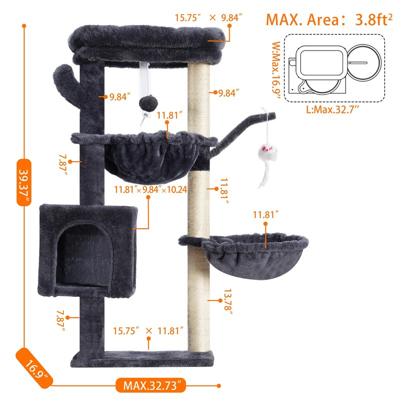 Heybly Cat Tree, 39.4 Inches Tower Condo with Scratching Post,