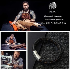 Casisto.J Men's Leather / Stainless Steel Engraved Bracelet, Braided, with Magnetic Clasp and Adapter, Black / Brown, Stainless Steel, Xbtg34