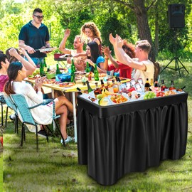 KOTEK Folding Ice Cooler Table with Matching Skirt, Drain Hose & Bucket, Foldable Buffet Beverage Cooler Server, Portable Chill Table for Party, Picnic, BBQ, Camping (Black)