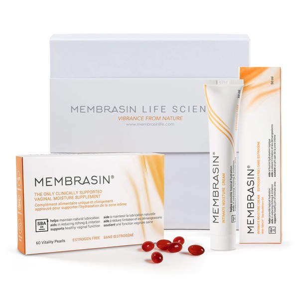 Membrasin 30 Day Supply, Vitality Pearls Natural, Estrogen-Free Moisturizing Oral Supplement and Topical Vulva Cream, Helps Provide Relief from Dryness, Burning, Irritation, and Itching for Women