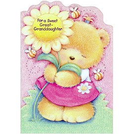 Designer Greetings Bear Holding Large Yellow Flower Die Cut Juvenile Birthday Card for Great-Granddaughter