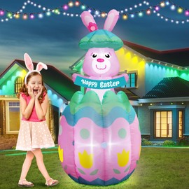 [ Pop Up and Down ] 6FT Tall Easter Inflatables Bunny Popping Out of Egg Outdoor Decoration, Blow Up Bunny Inflatables Built-in 4 LEDs for Easter Outdoor Indoor Yard Garden Lawn Decor