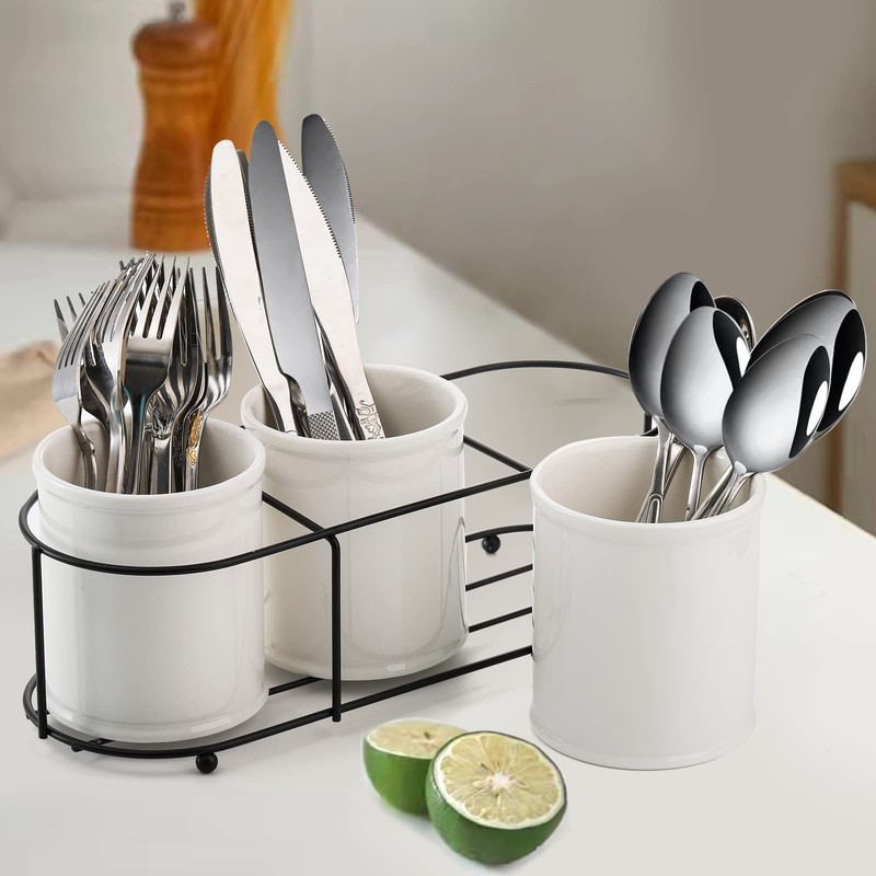 Bekith 3-Piece Ceramic Silverware Caddy with Metal Rack, Utensil Holder