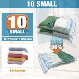 Vacuum Storage Bags, 10 Small Space Saver Vacuum Seal Bags, Space Bags, Vacuum Sealer Bags for Clothes with Travel Hand Pump (10S)