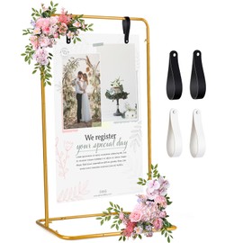 AuntyFey Wedding Welcome Sign Stand, Gold Welcome to Our Wedding Hanging Sign Easel Stand, Metal Easel Display Stand Sign Holder Seating Chart Display with Leather Sign Straps for Party, Birthday