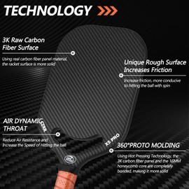 Pickleball Paddle, 3K Carbon Fiber Pickleball Paddle with Aero Throat, USA Pickleball Approved, 16MM Polypropylene Honeycomb Core, Textured Carbon Grit Surface