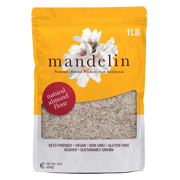 Mandelin Grower Direct Pure Natural Almond Flour with Skin (1 lb), Super Fine, Non-GMO, Gluten Free, Vegan, Keto, Plant Based Diet Friendly, Kosher for Passover, Every Batch Tested for Quality