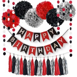24PCS Red Black Silver Birthday Party Streamers Backdrop Decorations for Adult Women Men 21st 30th 40th 50th 60th 70th Birthday Banner Party Table Centerpieces Wall Hanging Paper Flowers Garland Décor