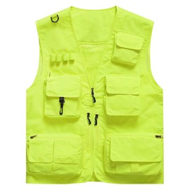 Flygo Men's Casual Lightweight Outdoor Fishing Work Safari Travel Photo Cargo Vest Jacket Multi Pockets(Medium, Fluorescent Yellow)