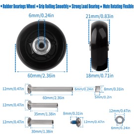 Suitcase Casters, Alloy Steel, Set of 4, Wheels, Tires, Replacement, Repair, DIY Replacement, With Saw For Cutting (Wheel Diameter 2.4 inches (60 mm), Wheel Width 0.7 inches (18 mm), Axles 1.2 / 1.4