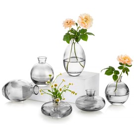 Glass Bud Vase for Centerpieces, 6Pcs/2Sets Glasseam Modern Gray Mini Small Vases for Flowers Bulk Flower Vase Set Aesthetic Cute Handmade Tiny Short Wedding Table Centerpiece Decor