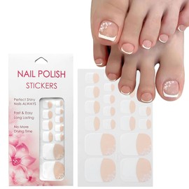 VOTACOS Nail Polish Strips for Toes, No UV Needed, Toe Nail Stickers White Flower French Toenail Gel Nail Strips Pedicure Full Nail Wraps for Women with 1 Wooden Stick, 1 Nail File & 2 Prep Pad