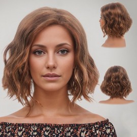 R REEWES FASHION HAIR Short Brown Curly Wig, with Light Brown and Blonde Highlights Shoulder Length Wigs for Women, Natural Looking Synthetic Hair