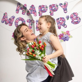 Mother's Day Banner Set Happy Mother's Day Floral Flag Banner, Flower Happy Mother's Day Home Party Supplies for Door Tree Wall Window Hanging Decoration