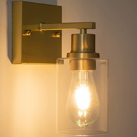 EMONG Gold Bathroom Light Fixtures,1-Lights Brushed Brass Vanity Light with Clear Glass Shade, Wall Sconces for Hallway, Farmhouse, Living Room