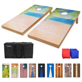 GoSports 4 ft x 2 ft Regulation Size Premium Wood Cornhole Set - Vintage Wood Designs - Tropical Beach
