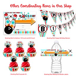 Bowling Cupcake Toppers and Cupcake Wrappers - 24 Cupcake Toppers and 24 Cupcake Wrappers - Bowling Party Supplies - Bowling Party Decorations - Red Retro Cupcake