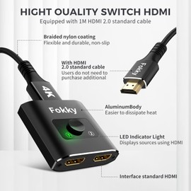 HDMI Switch HDMI Splitter 4K @ 60Hz, Aluminium Bi-Directional HDMI Switch 2 in 1 Out or 1 in 2 Out HDMI Splitter HDMI Switcher Supports HD 4K 3D 1080P (Black with 1 m Data Cable)