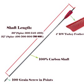 Pinals Archery 300 340 400 500 600 700 800 Spine Carbon Arrows for Compound Recurve Bow Traditional Longbow 30 32 Inch Shafts Hunting Target Feather Arrow 12PCS 340