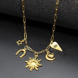 18K Paperclip Gold Chain Necklace Handmade DIY Sun Moon Star Pendant Charm Necklace Western Ocean Seaside Beach Gold Charm Necklace For Women, Adjustable, Zinc, No Gemstone