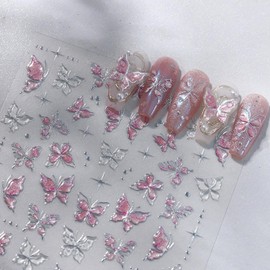 Red Butterfly 5D Embossed Nail Art Stickers Spring Summer Nail Decals Hot Silver Butterflies Nail Stickers Self Adhesive Glitter Star Nail Design Stickers for Women Spring Summer Nail Art Supplies