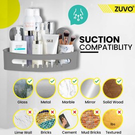 Zuvo Shower Shelf Suction Cup No-Drilling - Enhance Shower Storage with Durable Bathroom Caddy Design - Rustproof Space Saver Organizer for Shampoo, Conditioner, and Accessories (Grey)