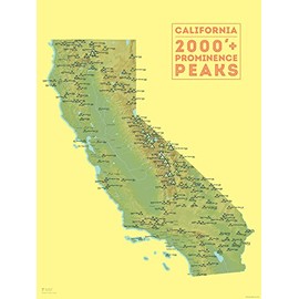 California 2000' Prominence Peaks Map Checklist 18x24 Poster (Green & Yellow)