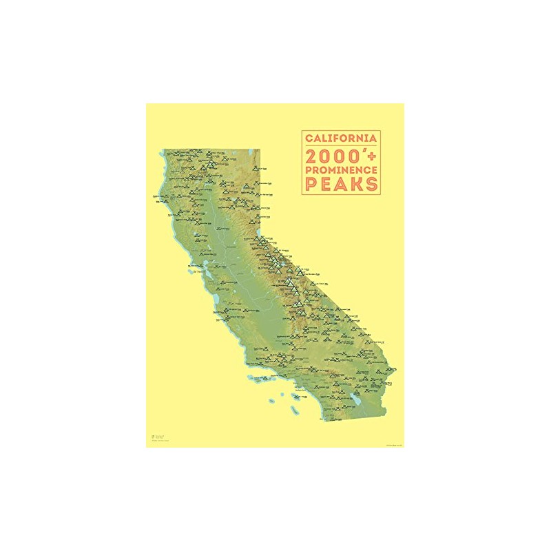 California 2000' Prominence Peaks Map Checklist 18x24 Poster (Green &