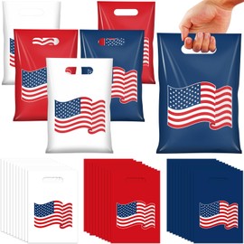 Denwiller 60 Pcs 4th of July Party Favors Bag Decorations, Plastic American Flag Decorative Goodies Bags with Handles Patriotic Candy Gift Bags for Independence Day Memorial Party Wrapping Supplies