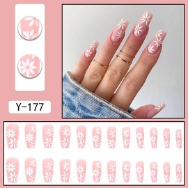 24pcs Square Press-on Nails - Medium Coffin Nude with Daisy Flowers Gel Design, Summer Stick-on Full Cover Acrylic Artificial False Nails for Women & Girls