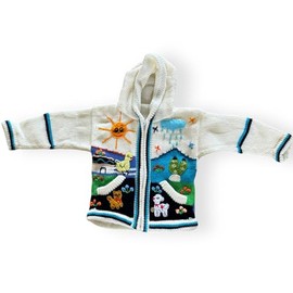 Peruvian Wool Knitted Sweater with hoodie for babies & toddlers, Unisex, Chompas Peruanas, fall winter sweater, colorful jacket for kids (2T, White and Blue)