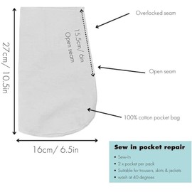 Giddy Square Sew-in Trouser Pocket Repair Kit – 2 Replacement Pockets – 27cm x 16cm – Ideal for Repairing Both Left and Right Pockets