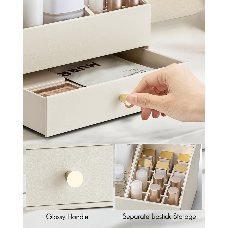 Vlando Makeup Organzier,Vanity Organizer with Drawers, PU Leather Skincare Organizer
