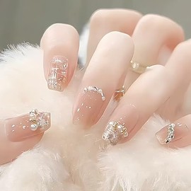 ALLEVG Short Nail Tips, Set of 24, 3D, Popular for Autumn and Winter, Japanese Style, Cute, Simple, Stylish, Coming-of-Age Ceremonies, Weddings, Parties, Everyday Use, Bridal Nails, Glossy