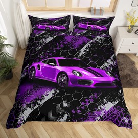 Sports Car Duvet Cover Set Single Size, Purple Racing Car Bedding Set 2pcs for Kids Boys Girl Bedroom Decor, Honeycomb Print Comforter Cover Extreme Sports Theme Quilt Cover with 1 Pillowcase