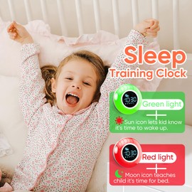 Kids Alarm Clock, Toddler Sleep Training Clock with Sound Machine, 12 Soothing Sounds, Child Lock - Dimmable Wake Up Clock, Digital Night Light Clock for Bedrooms, Gifts for Girls Boys Children 3-12