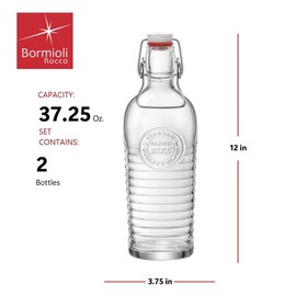 Bormioli Rocco Officina 1825 set or 2 Glass Bottles 37.25 oz, Italian Pitchers, Airtight Seal & Metal Clamp, Easy To Carry Handle, Dishwasher Safe & Eco-Friendly, Safe For Infused & Carbonated Drinks.
