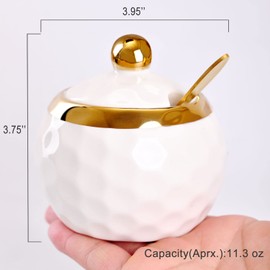 WHJY Ceramic Sugar Bowl with Lid and Spoon, Golf Design Porcelain Salt Bowl Salt Container, Modern Spice Box Seasoning Jar for Home and Kitchen Coffee Bar - White