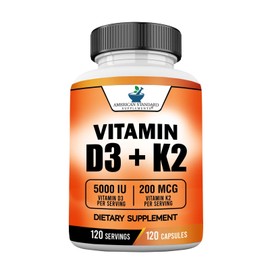 American Standard Supplements Vitamin D3 5000IU plus Vitamin K2 as MK-7 200mcg , 120 Veggie Caps, 120 Servings
