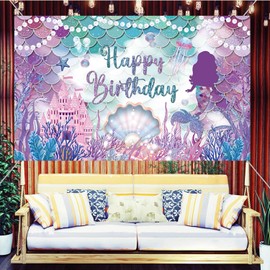 LOONELO Mermaid Birthday Backdrop, Under The Sea Mermaid Tail Backdrop Banner with 70.8 x 43.3 Inch, Happy Birthday Glitter Pink Mermaid Background Photo Photography for Birthday Party Supplies