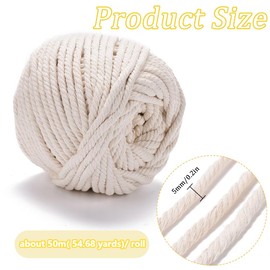 CABODYALS 50M 6mm White Macrame Cord Cotton String Yarn Braided Rope Beige 3 Strand Twine Knitted Rope Strings for Wall Hanging Jewellery Making Necklaces Bracelets Beading Knitting Diy Craft Supplies